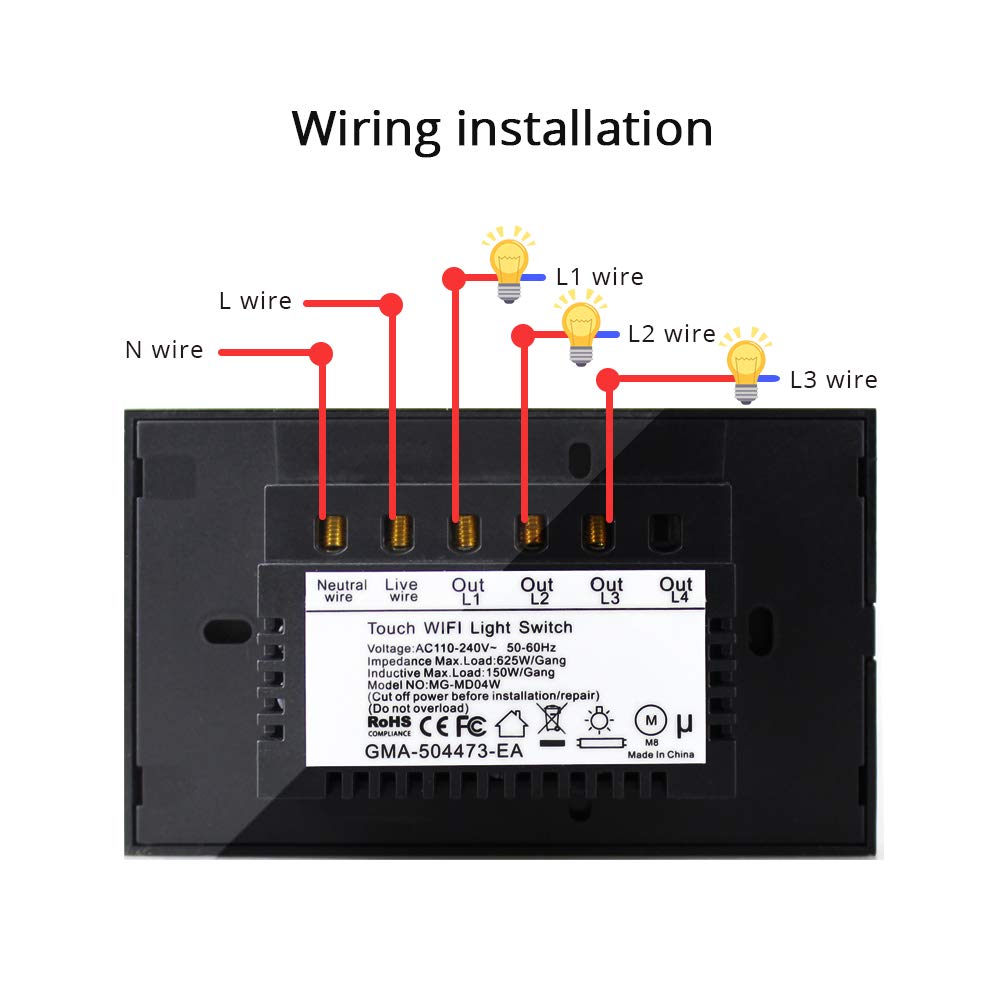 US Wifi Interruttore Intelligente Luce Wireless WiFi da Muro,con Power Monitor,App Controllo Remoto,Funzione Timer,Controllo Vocale (3 gang, nero)