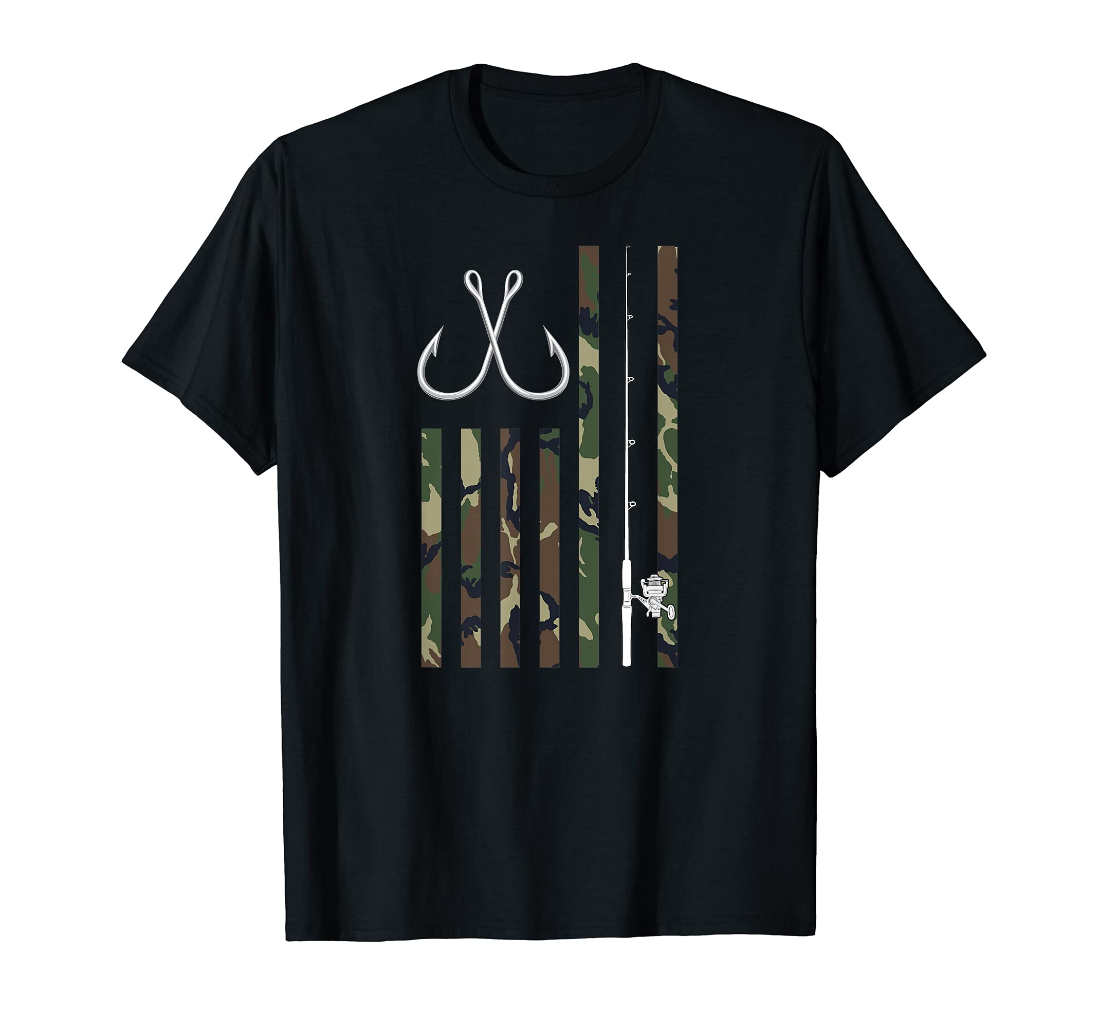 Bass Fishing Pole American Camo Flag T-Shirt, Black