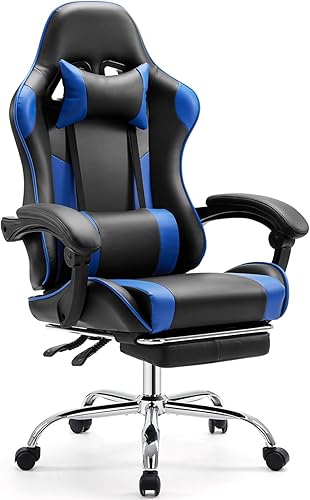 Silla de juegos resistente, silla ergonómica para videojuegos para oficina en casa con reposapiés, soporte lumbar, respaldo ajustable, ruedas