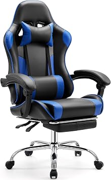 Heavy Duty Gaming Chair, Ergonomic Gamer Chair for Home Office with Footrest, Lumbar Support, Adjustable Backrest, Stable 360 Swivel Wheels for Adults, Professional Gamers and Teens, Blue