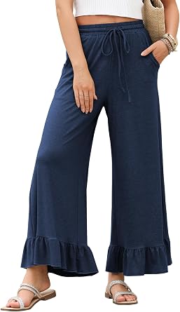 EVALESS Womens Wide Leg Ruffle Hem Palazzo Pants with Pockets | Drawstring, Elastic High Waisted, Casual Trousers Slacks, Beach Vacation Outfits, Teacher Clothes