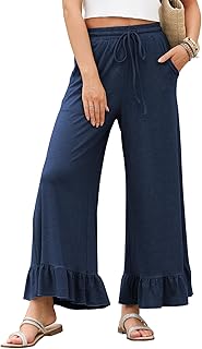 Womens Wide Leg Pants Drawstring Elastic High Waisted Ruffle Hem Palazzo Pants with Pockets