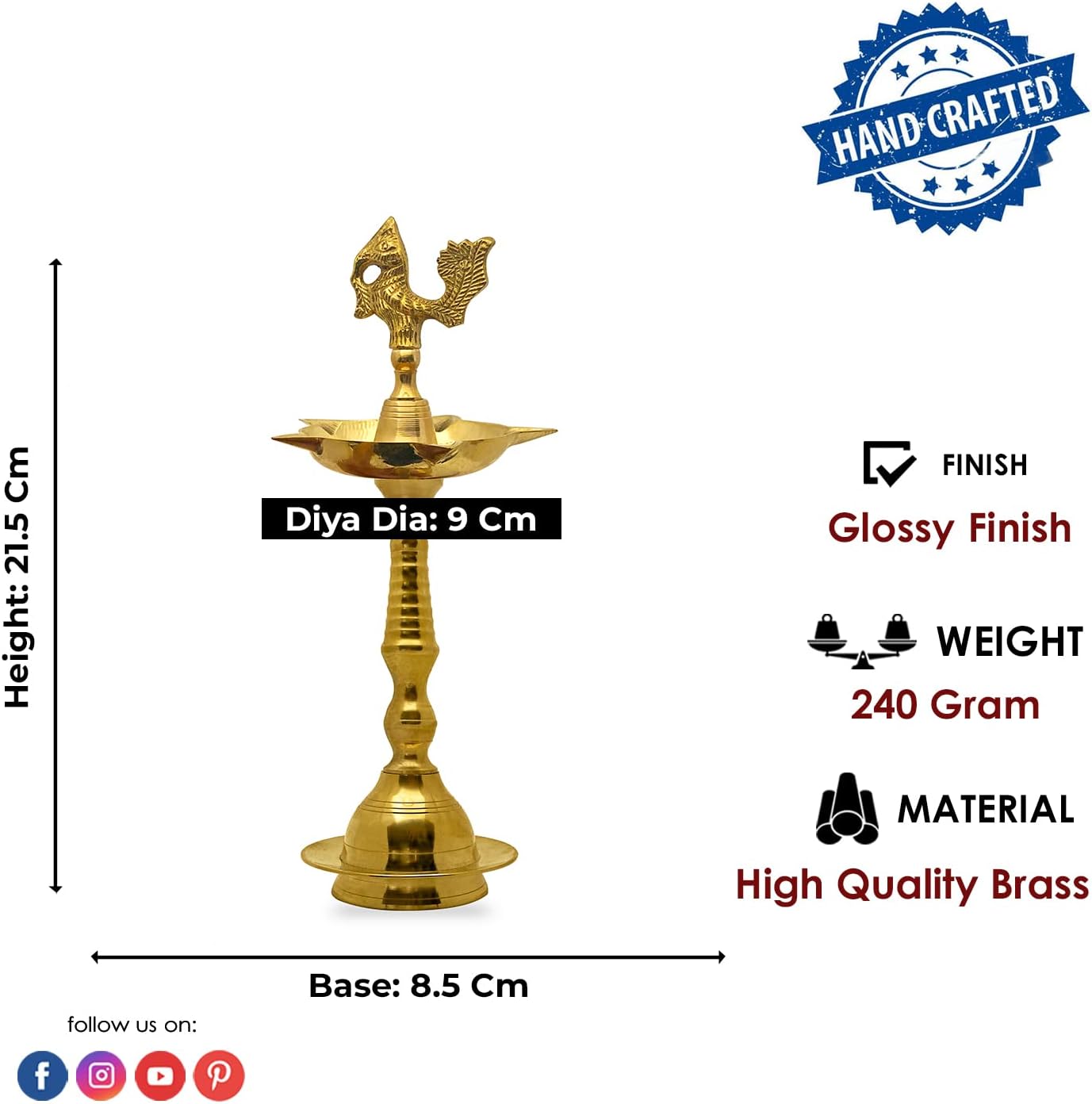 SATVIK 2 Pc Set of 8.5 Inch Standing Brass Peacock Design Kerala Samai Deepak Puja Traditional Panchmahal Pooja Deepam Diya Oil Lamp Kutthu Vilakku Dia Deepawali Indian Housewarming Return Gift Item