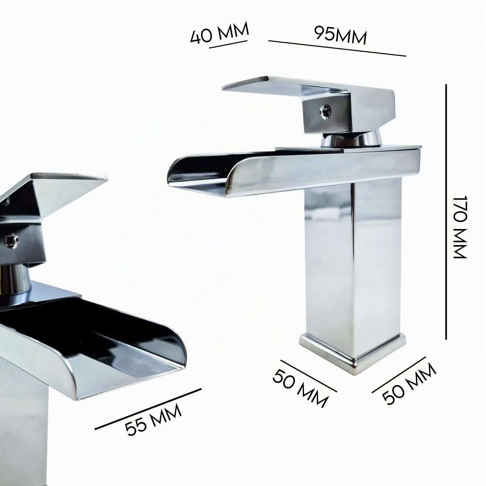MAKA Rubinetto Lavabo Bagno a Cascata in Acciaio Inox Cromato con Piletta Inclusa Miscelatore Monocomando Lavandino Cucina ad Alta Pressione Kit Montaggio Guarnizioni e Tubi Satinato (h 16.5 cm)