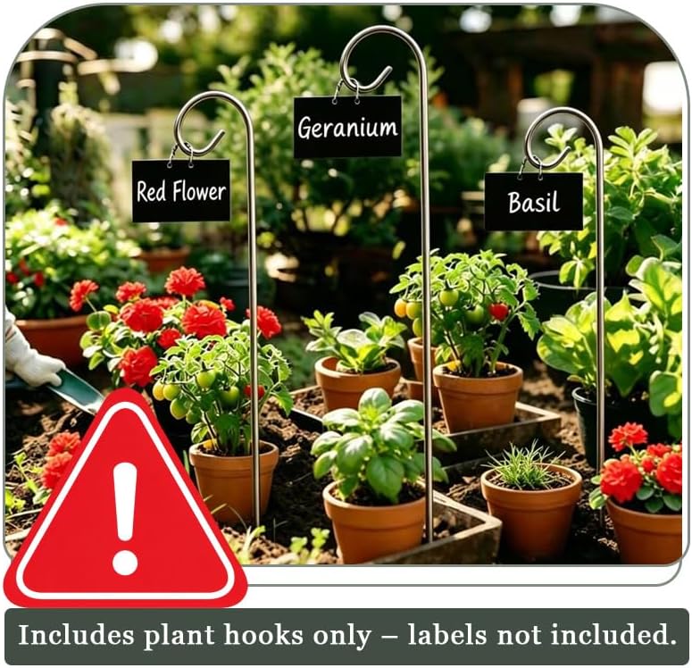 20Pcs Silver Plant Label Hooks, 20cm Rustproof Garden Marker Stakes with Hanging Rods, Durable Metal Sign Holders for Flower Pots, Planters, Seed Trays and Outdoor Potted Plants