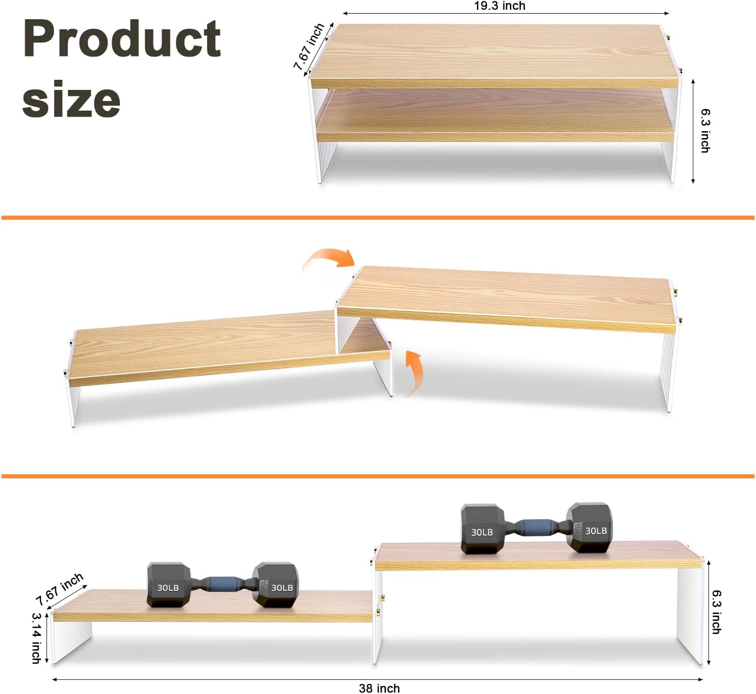 YGYQZ Adjustable Monitor Stand Riser with Acrylic Legs丨19.3" Length Dual Monitor Stand for Desk丨2-Tier Wood Desktop Organizer for Computer, Laptop, Printer & PC丨Modern Aesthetic Desk Shelf(wood-wavy)