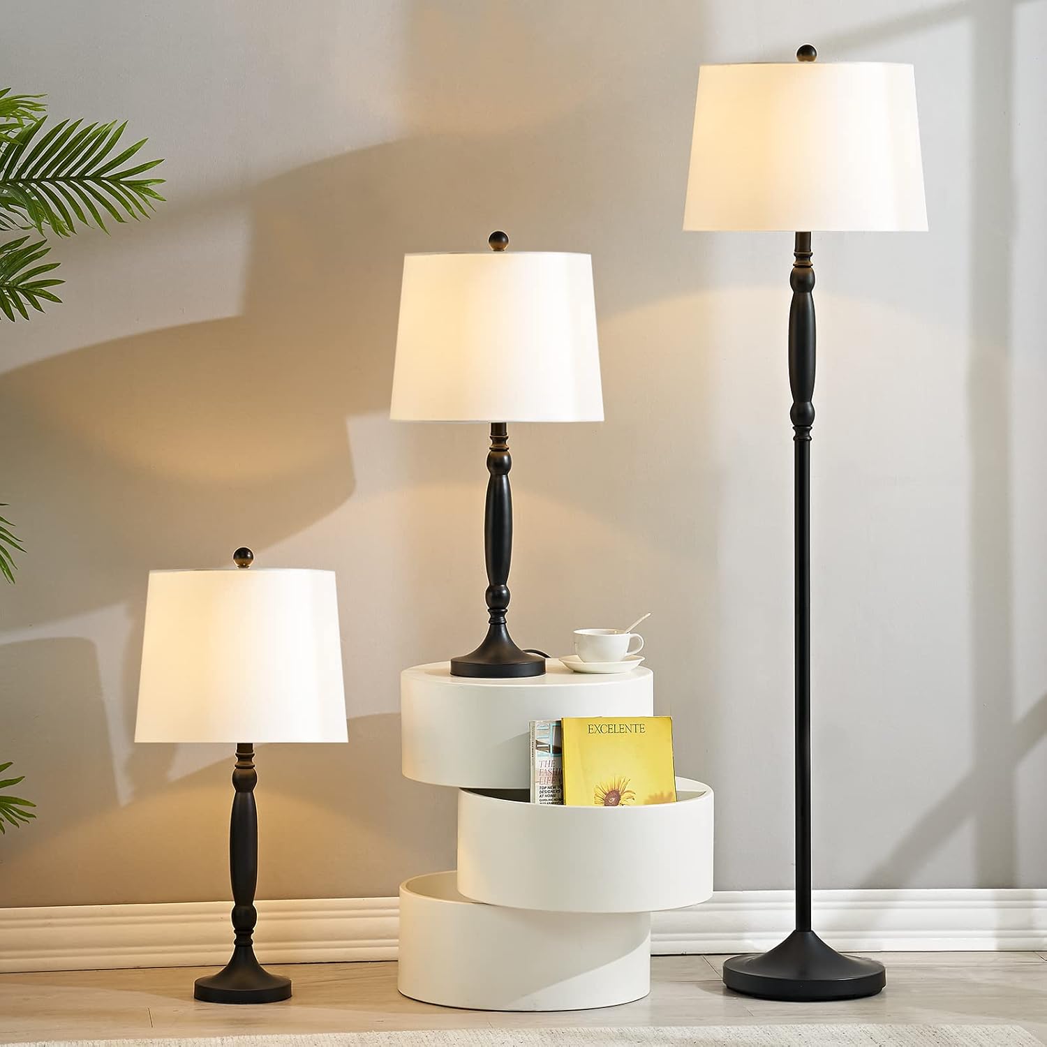 Maxax Lamp Set 3-Piece, Metal 3 Pack Table Lamps and Floor Lamp, Traditional Lamps with White Linen Fabric Shade for Living Room, Bedroom, Study Room