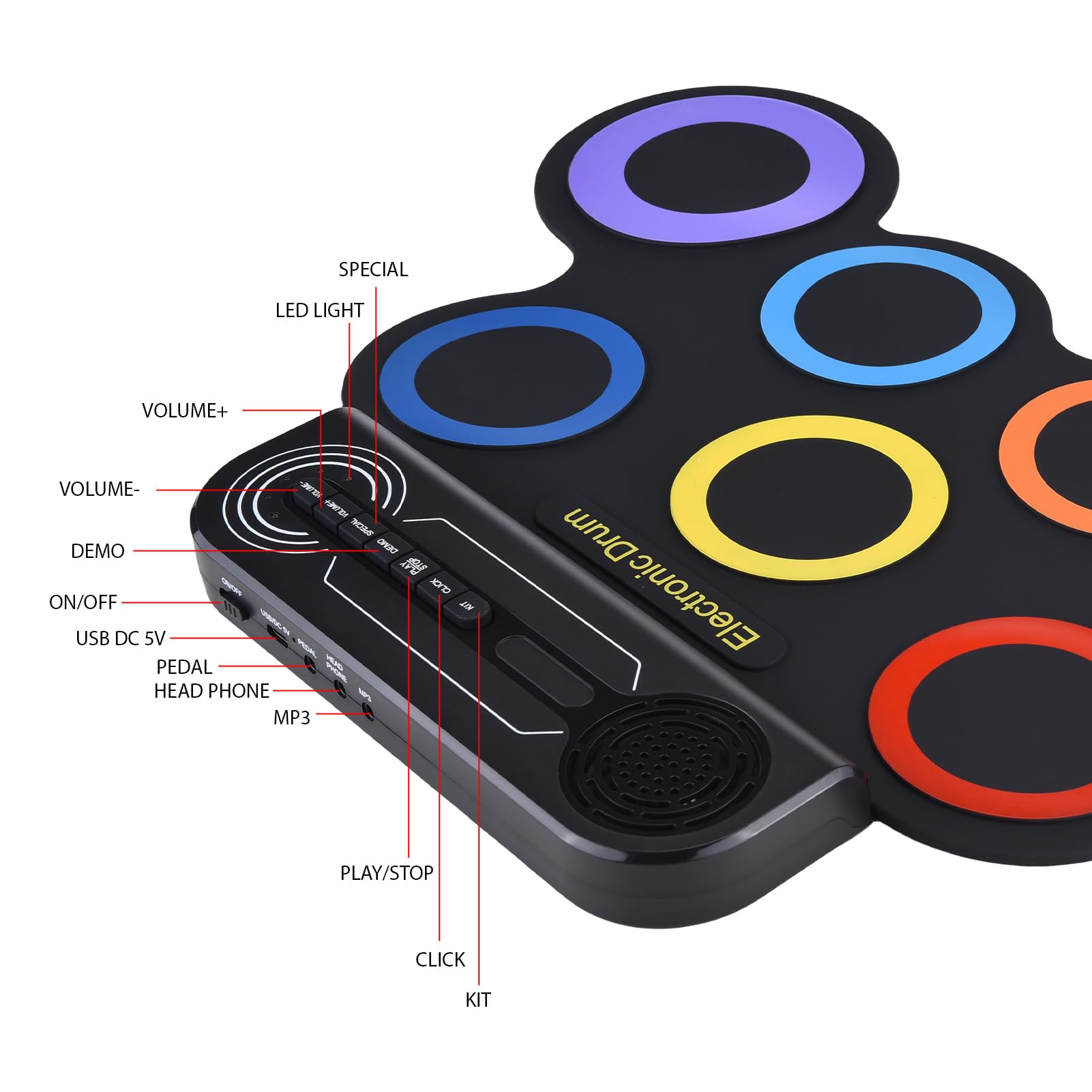 Luocute Bęben Pad Electronic z Elektrycznym Zestawem Bębnów dla Dzieci Silikonowy Zestaw Perkusyjny z Bębnami z Bębnienie (COLORFUL)