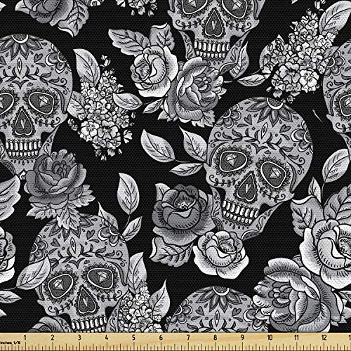 Lunarable Gothic Fabric by The Yard, Composition of Skeleton Skull Heads and Flowers Dark and Scary Details, Decorative Fabric for Upholstery and Home Accents, 1 Yard, Grey Charcoal