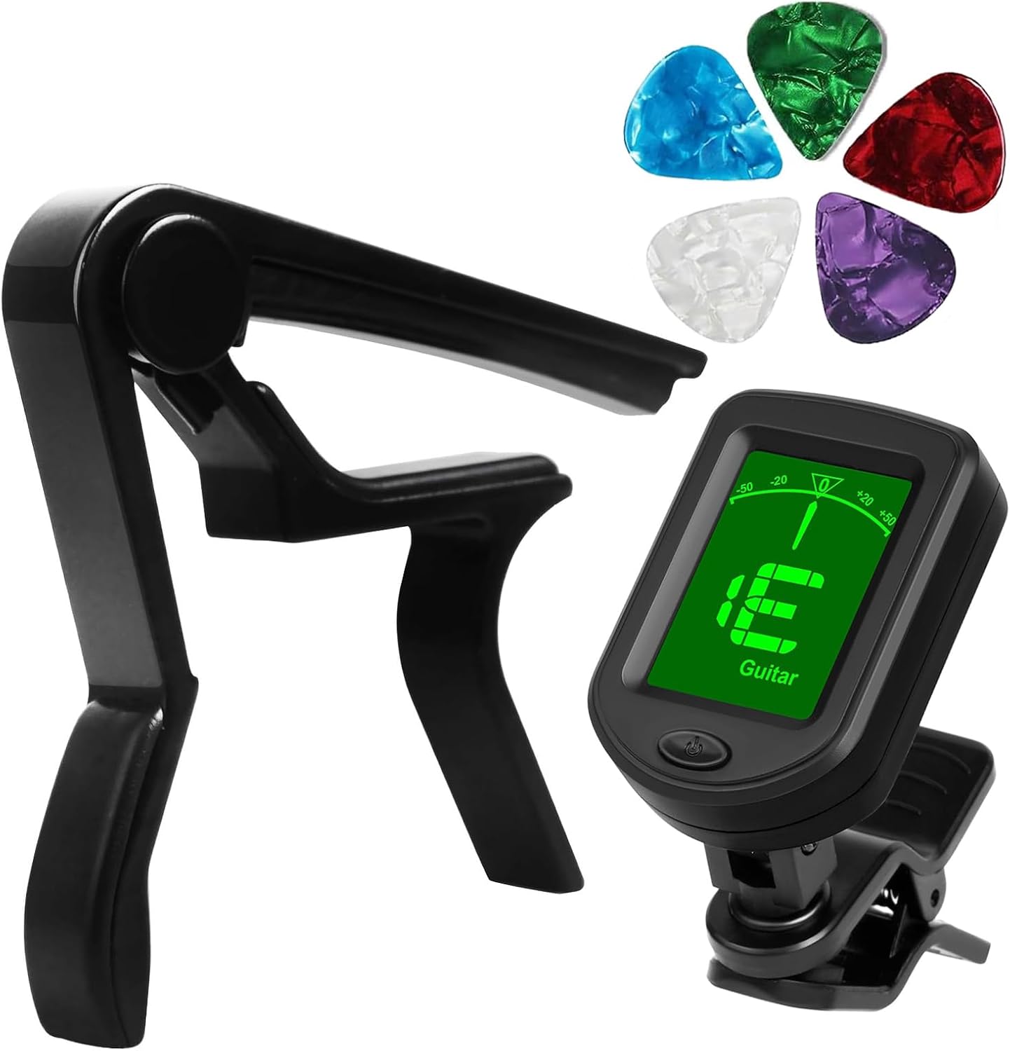 Guitar Accessory Kit, Clip-On Tuner, Guitar Capo with 5 Picks(Black)