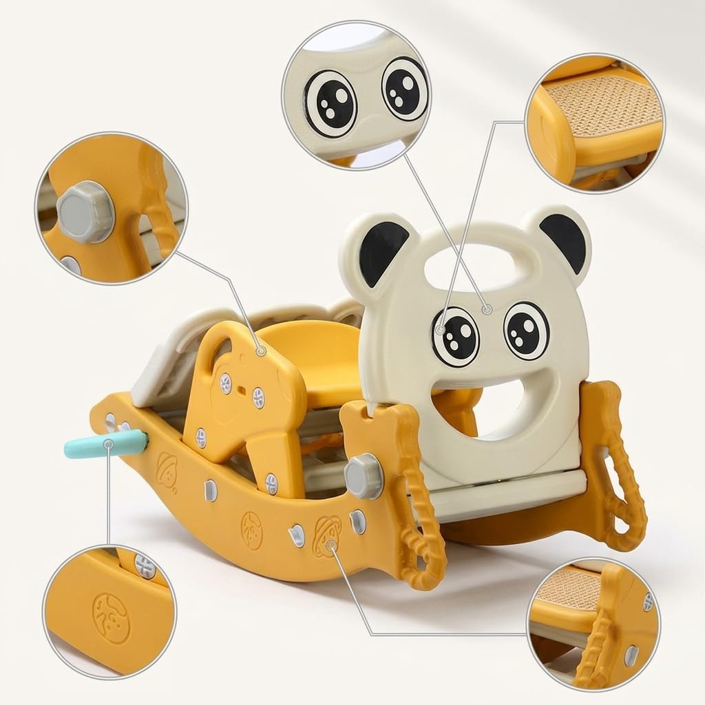 Parco Giochi Multifunzione per Bambini con Scivolo, Cavallo a Dondolo, Canestro e Cestino da Basket, da Interno ed Esterno