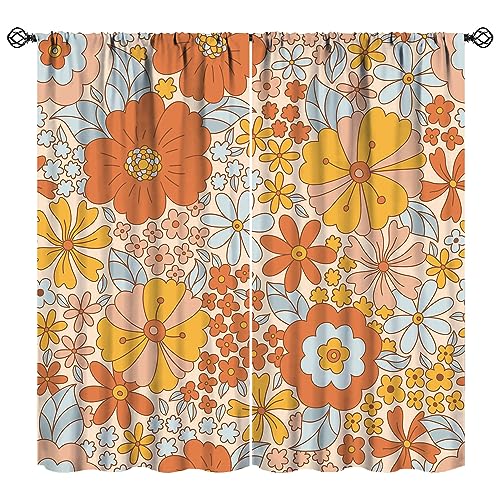 JanJCurt Retro 70s Floral Blackout Curtains Hippie Summer Groovy Flower Power Flower Boho Print Suitable for Home Bedroom Window Drapes Abstract Aesthetics Decoration 2 Panels 42x45 Inch
