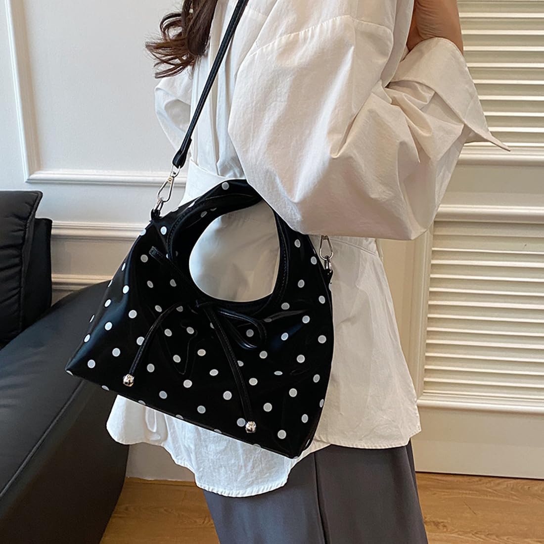 MaxxCloud Polka Dot Bow Handbag Tote for Women:Daily PU Leather Purse,a Versatile Crossbody&Shoulder Bag for Work & Shopping