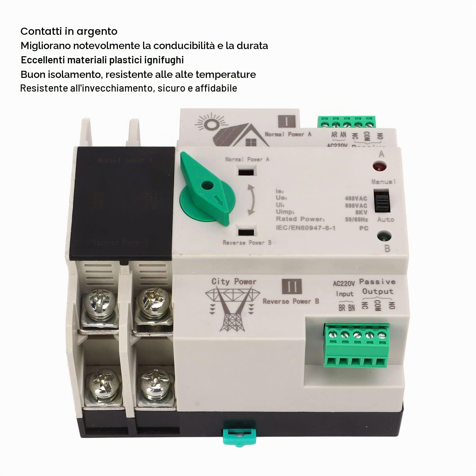 Interruttore di Trasferimento Automatico a Doppia Alimentazione AC400V 2P 63A/80A/100A Interruttore a Levetta di Commutazione Automatico per PC ATS per Elettricità Municipale, Ups, Inverter(63a)