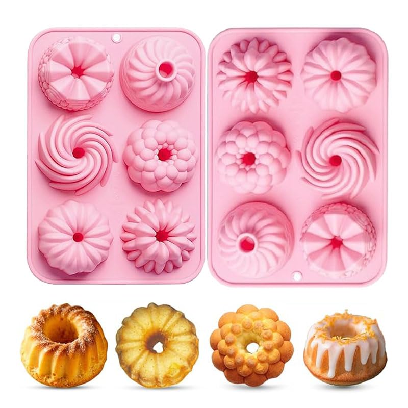 Ceeyoll 2 Stück Rosa Mini Silikon Gugelhupfform,Wiederverwendbar Kuchenform Klein Savarin Form, Gugelhupf Backform, Gugelhupf Kuchenform, Antihaftbeschichted Backformen für Kekse, Bagels, Muffins.
