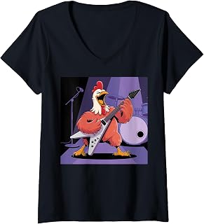 Womens Chicken Costume Adult Chicken Playing Guitar Rock Star Rock V-Neck T-Shirt