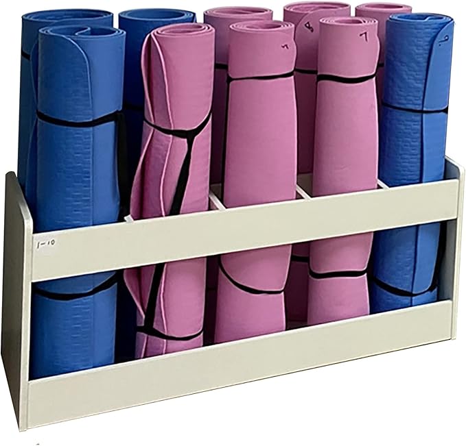 Amazon.co.jp フロアウッドヨガマットラック、10コンパートメント高耐久ヨガマットホルダースタンドボックス、大型フォームローラーと