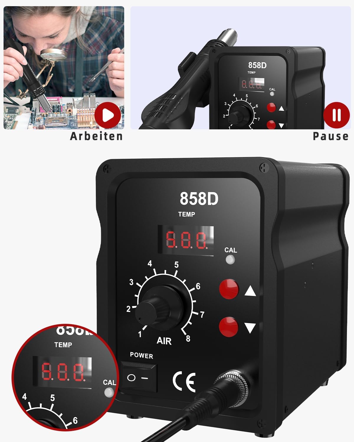 Stazione di saldatura ad aria calda 700W,858D Rework Station con Display LED 100-480°C,Stazione Saldante Aria Calda con 3 punte,2 rotoli di filo di saldatura,2 pinzette e un kit di strumenti.