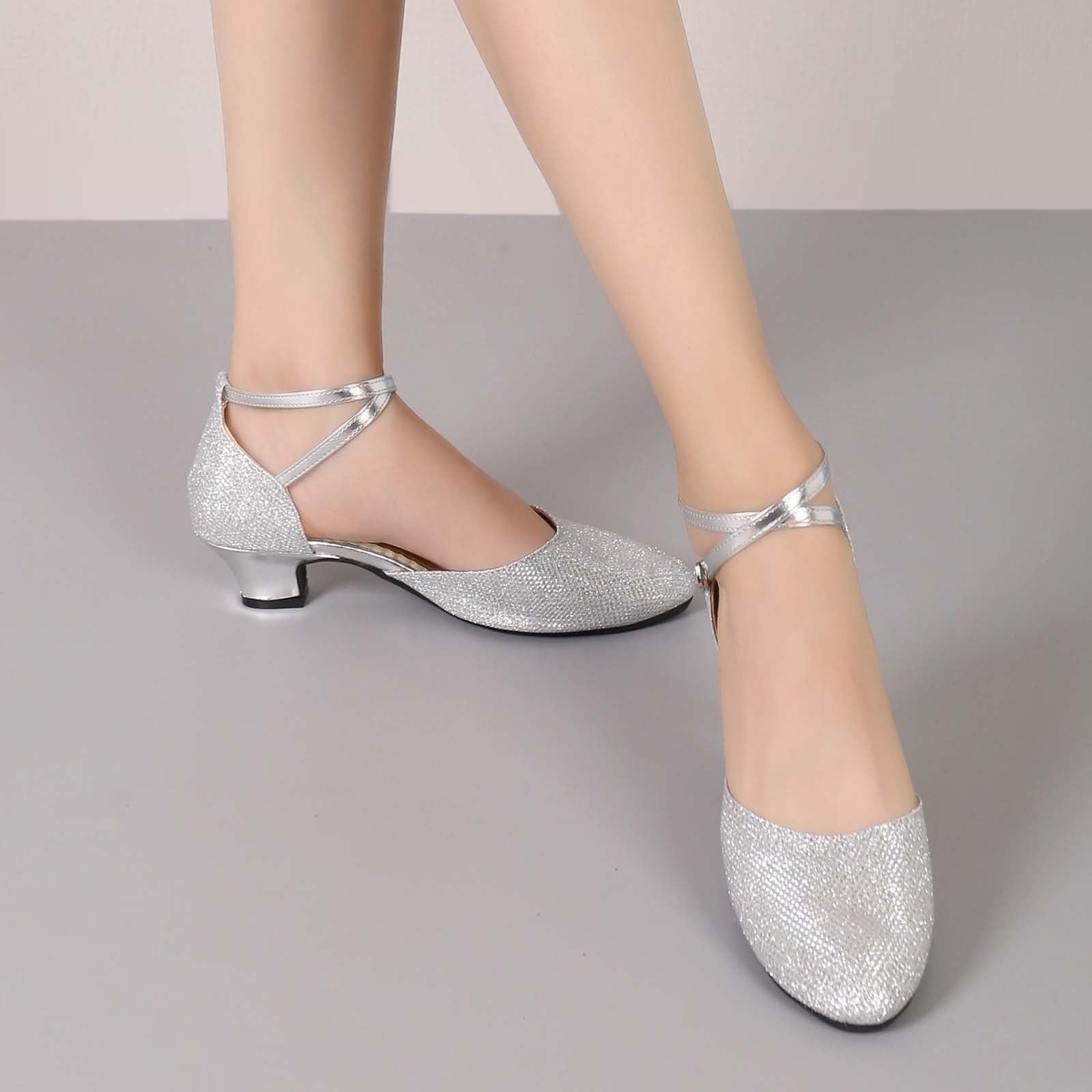 Scarpe da ballo da donna, eleganti, con glitter, comode scarpe da sposa con tacco | Scarpe con tacco a blocco con cinturino, scarpe con tacco spesso, scarpe larghe da matrimonio, scarpe da sera per feste