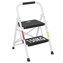 BONTEC Scala a 2 gradini,sgabelli pieghevoli per adulti con ampi pedali antiscivolo,capacità di carico massima 150 kg,robusta scala in acciaio,leggera,comoda maniglia, sgabello portatile in,Bianco