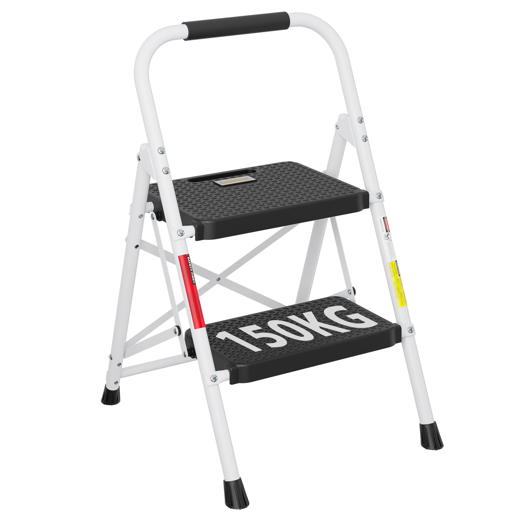 BONTEC 2 Step Ladder, Capacity 150KG with Wide Anti-Slip Pedals, Folding Steel Step Stool, Sponge Handlebar, Lightweight Portable Ladder Suitable for Home, Kitchen, Pantry, Indoor/Outdoor Use, White