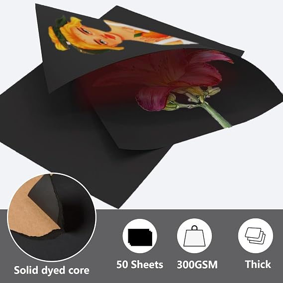 Black Card - 300GSM A4 Black Cardstock, 50 Sheets A4 Thick Card Stock Paper for Cards Making, Invitations, Postcards, Business Cards, Office Printing and Arts or Crafts DIY