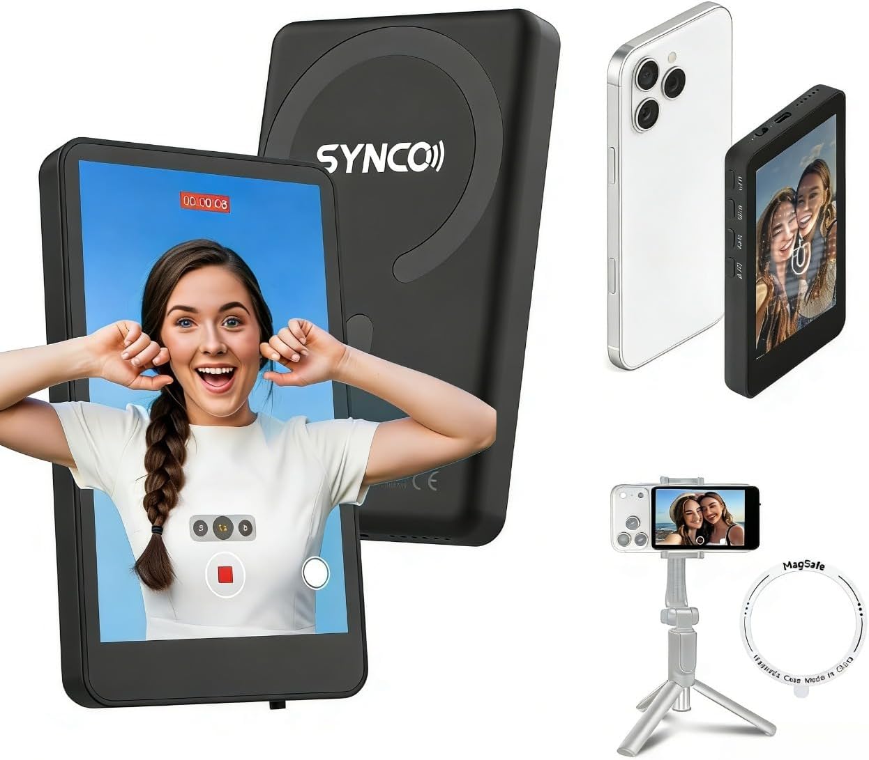 Synco XView Selfie Monitor Screen for iPhone 7-16 Series, Secure Private Wireless P2P, 4K/1080p Magnetic Back Camera Vlog Monitor with 164FT Range for YouTube TikTok (Matte Black)