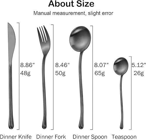 Miniatura 3 de JASHII Juego de cubiertos de lujo de acero inoxidable 1810, color negro, 24 piezas, tenedor, cuchara, mango redondo, acabado satinado, diseño único,