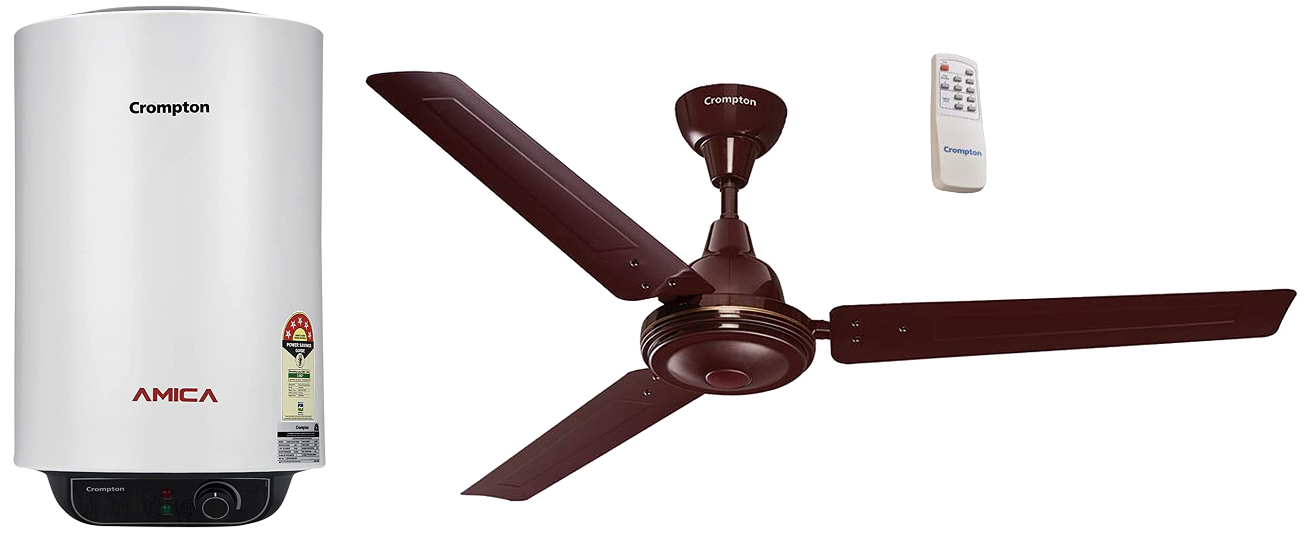 Buy Crompton Amica 25-L 5 Star Rated Storage Water Heater with Free  Installation and Connection Pipes (White) u0026 Energion E-Save 1200 mm (48  inch) Energy Efficient Designer BLDC Ceiling Fan (Brown) Online