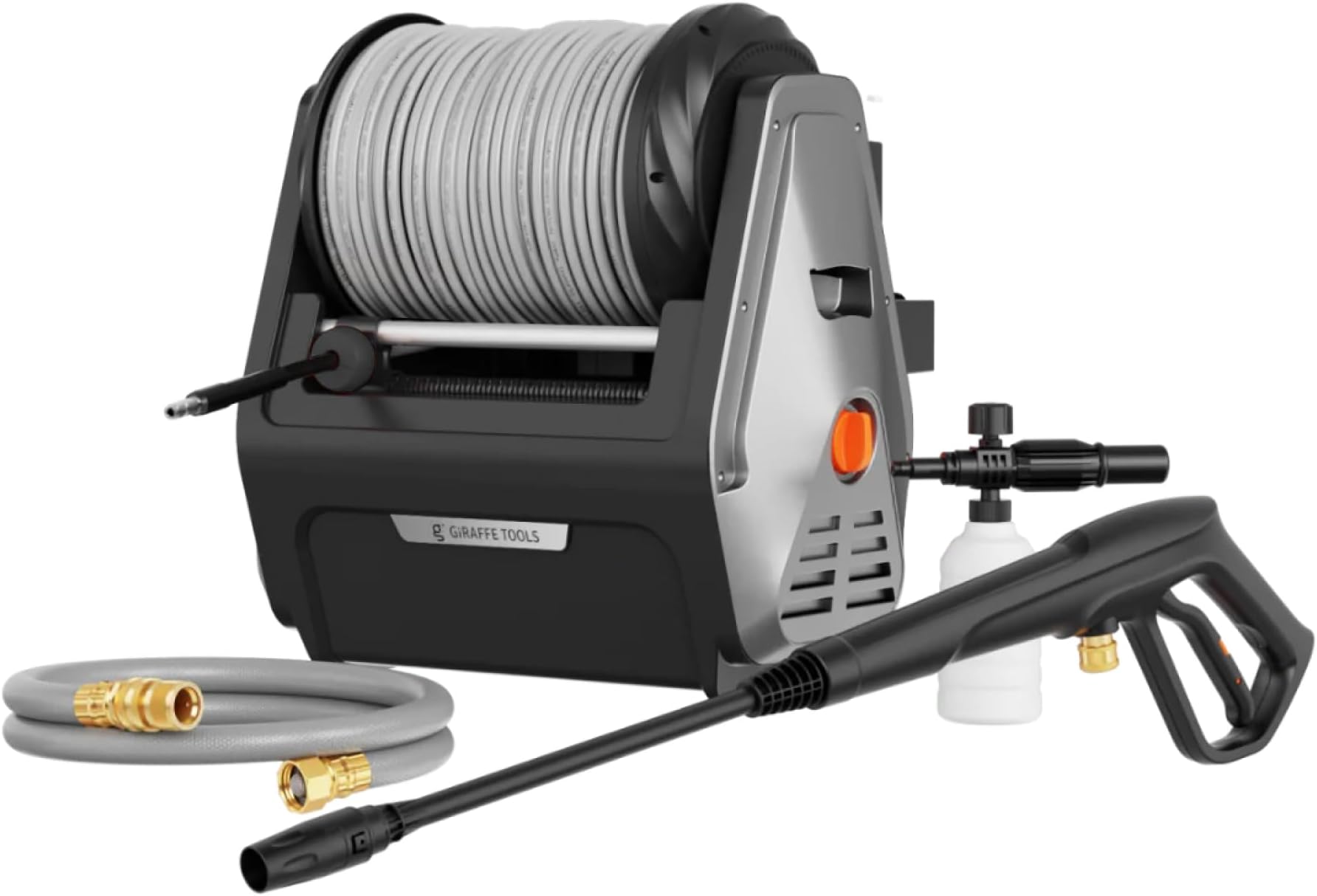 Giraffe Tools Wall Mounted Pressure Washer Plus, Max 2400 PSI, 2.0 GPM Electric Power Washer with 30M Retractable Hose, 500 ML Foam Cannon, 0°-40°Rotary Nozzle for Cars/Patios, Grey Soft Hose