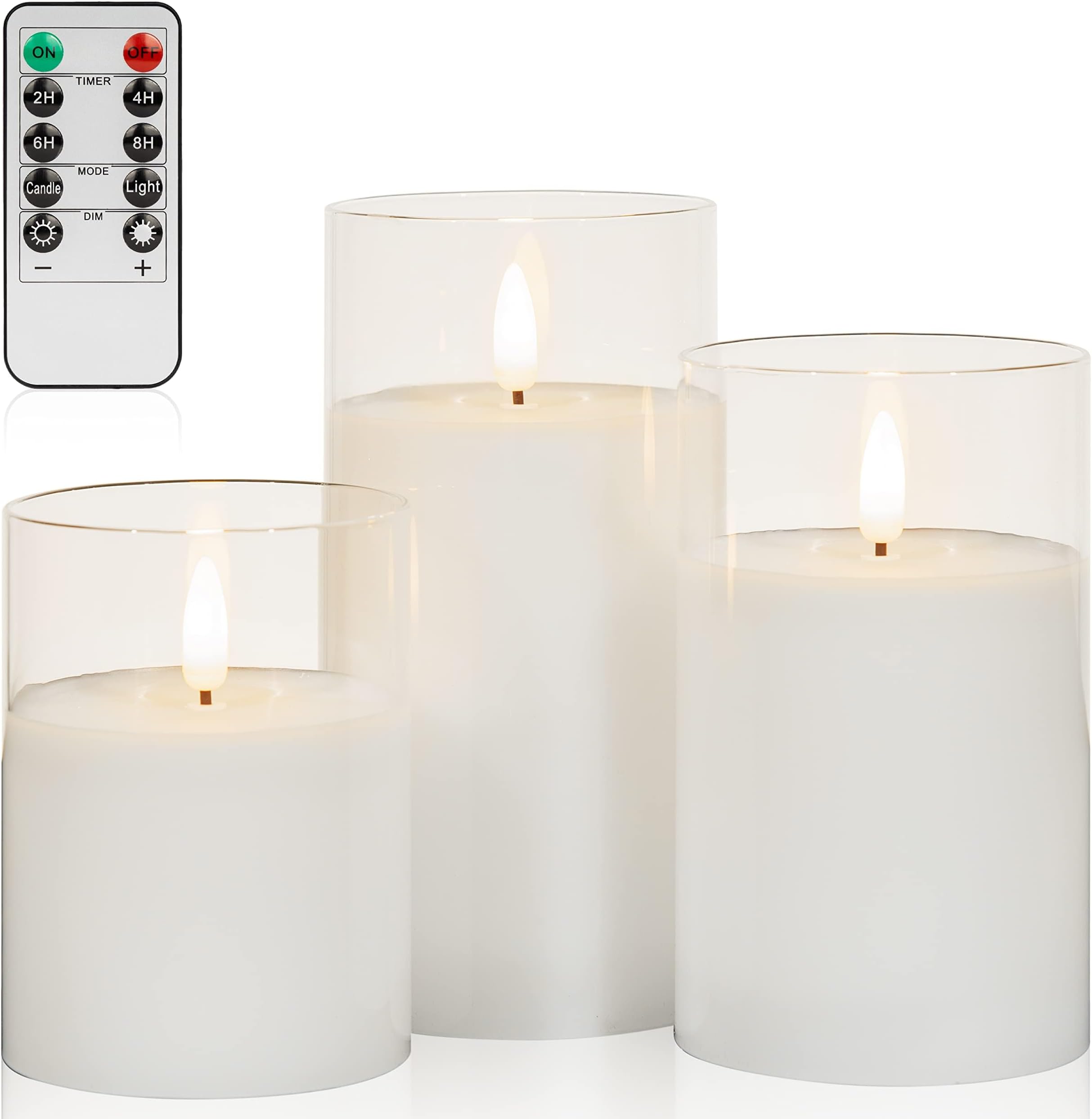 ANGELLOONG Glass Flameless Candles with Remote, White Battery Operated Candles with Timer, Electric Fake LED Candles for Bedroom Farmhouse Bathroom Coffee Table Decor, Clear