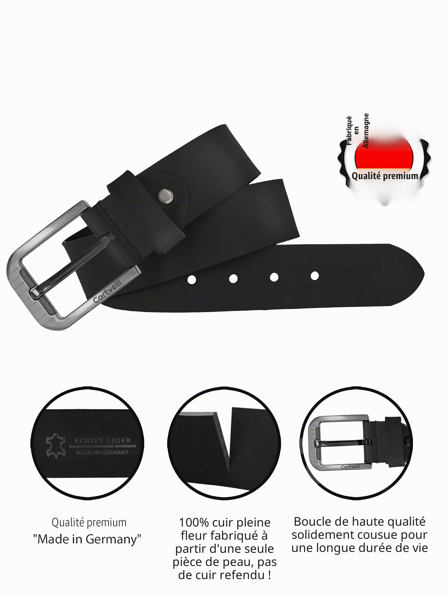 Ceinture homme cuir haute qualité 40 mm - pleine fleur tanné végétal, 3 mm d’épaisseur - Made in Germany - raccourcissable - sans nickel - coffret cadeau élégant