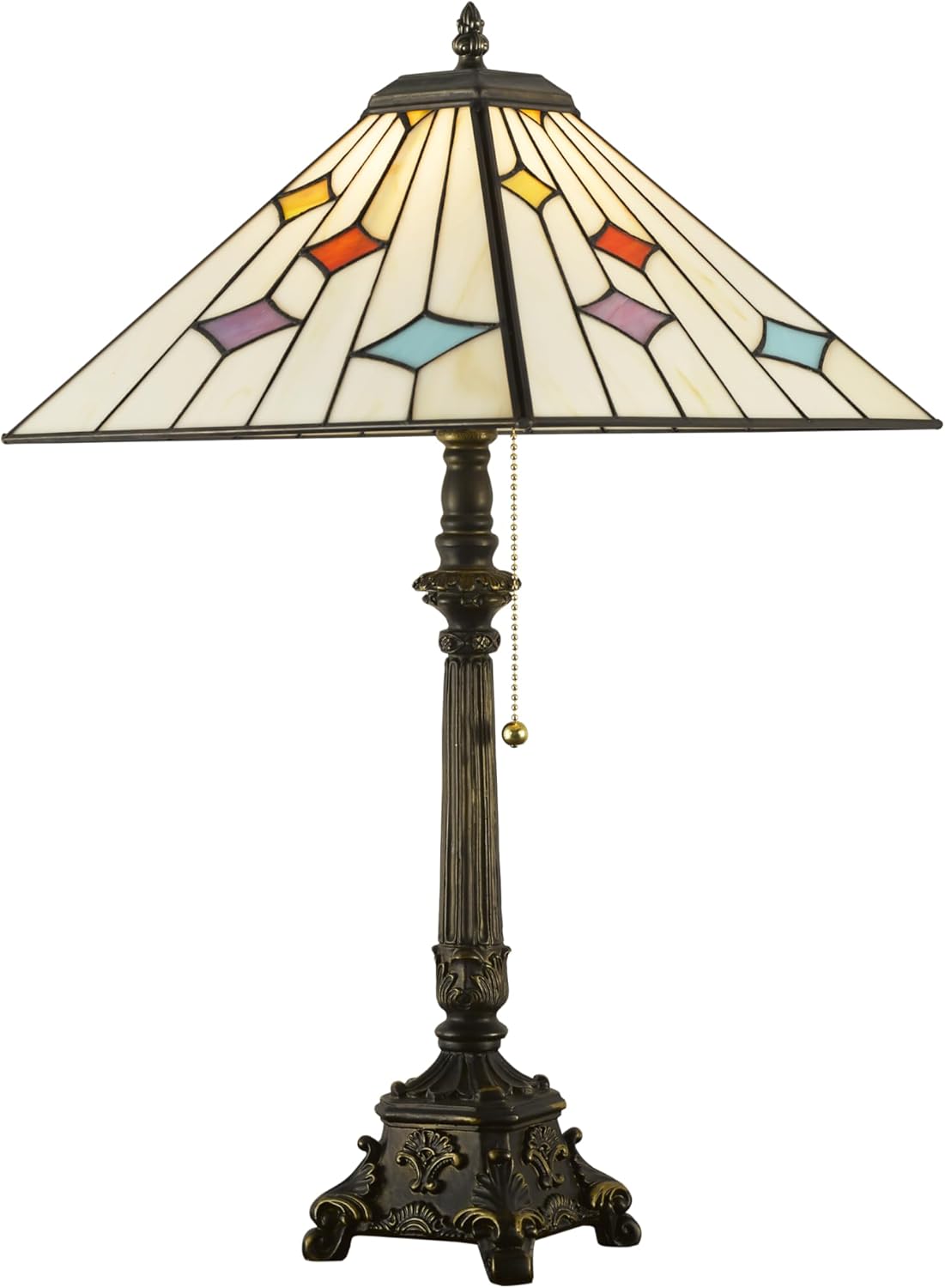 Tiffany Table Lamps White Stained Glass Stripes Checkered Style Mission Desk Lamp 12X12X24 Inch Bronze Resin Base