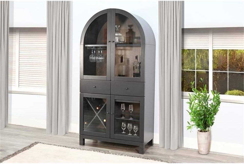 Pemberly Row Arched Wood Wine Bar Cabinet, Modern Contemporary Design, Built-in Stemware Rack, Storage Drawers for Bar Essentials, Elegant Home Décor Wine Storage Furniture