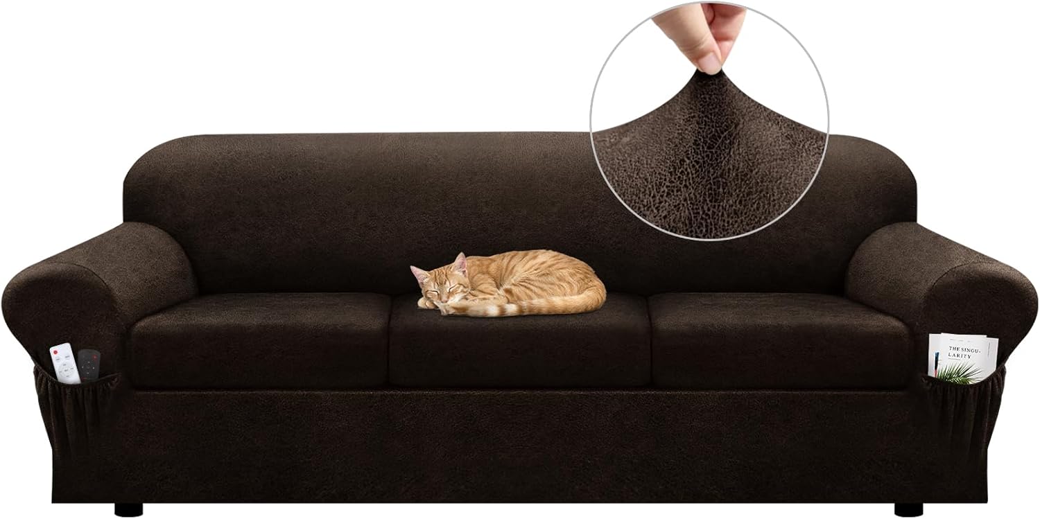 Sofa Slipcover with Armrest Pockets 4-Piece Set, Stretch Faux Leather Couch Cover for 3-Cushion Couches(Fits 72-92") - Non-Slip, Machine Washable, Pet & Kid Friendly - Beige