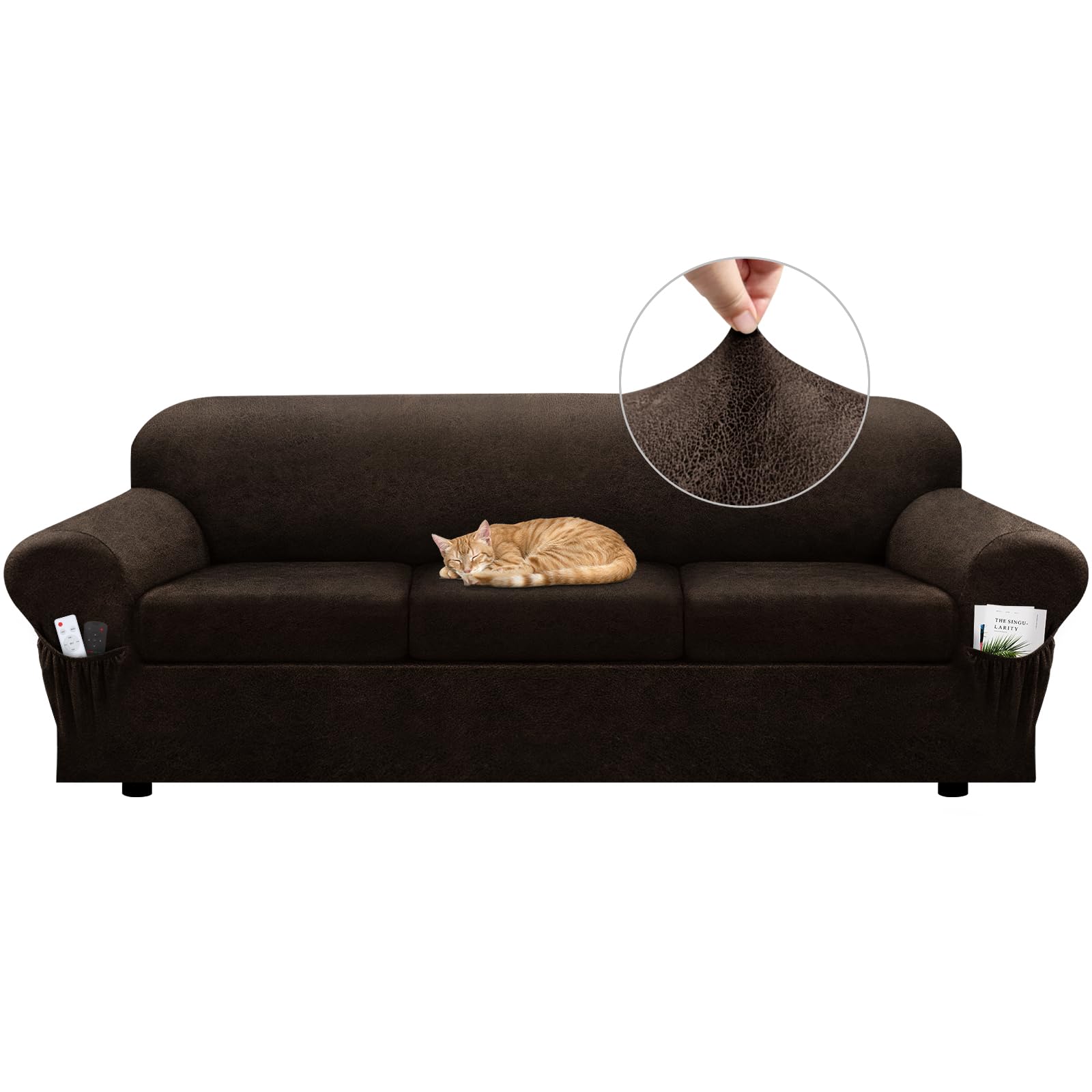 Pfrstuv Sofa Slipcover with Armrest Pockets 4-Piece Set, Stretch Faux Leather Extra Large Couch Covers for 3-Cushion Couches(Fits 98-112") - Machine