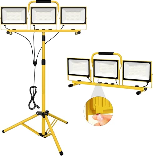 Luces de trabajo de 25000 lúmenes con soporte, luz de trabajo LED de doble cabeza con USB y enchufe, luces portátiles impermeables con interruptor