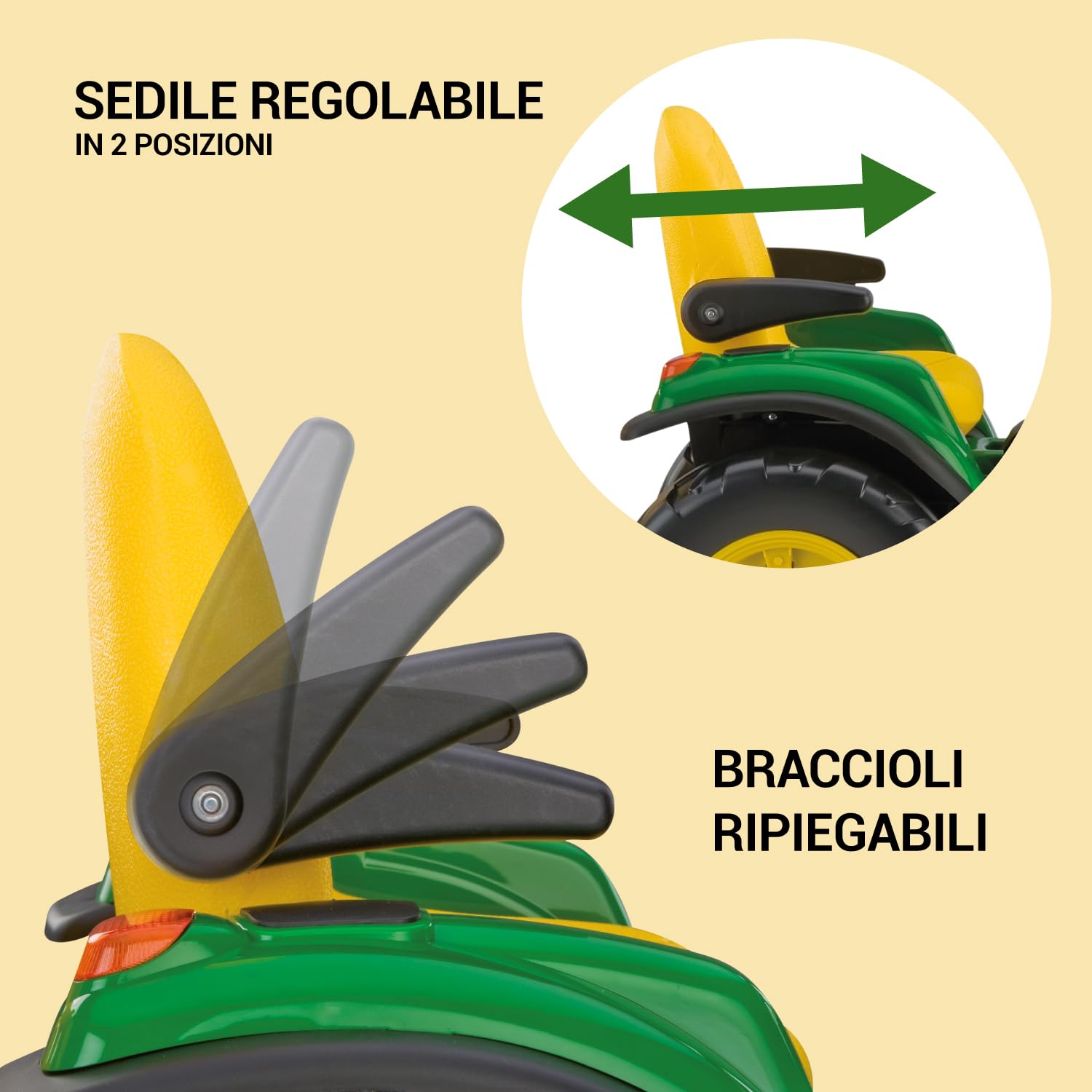 PEG John Deere Ground Force - Trattore Elettrico Cavalcabile per Bambini 3+ Anni con Batteria Ricaricabile 12V, Rimorchio Incluso e Radio FM