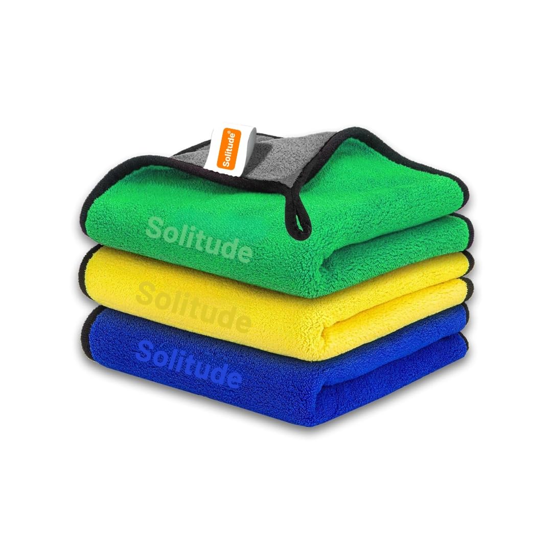 Solitude 3 Pcs Microfiber Cleaning Towel Cloth 40 x 40 cms, 400 GSM Highly Absorbent Dust Lint Free Multipurpose Towels for All Vehicles Bike, Car, Glass Detailing, Cleaning, Washing