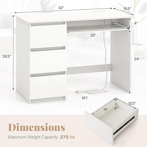 Miniatura 3 de Giantex Escritorio blanco con cajones, moderno escritorio para computadora con estación de carga y bandeja para teclado, estación de trabajo para