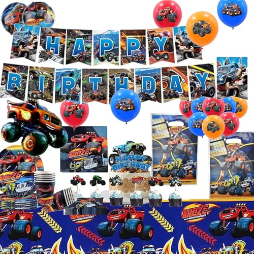 Decoración Cumpleaños Monster Truck para Niños – Juego de 98 Piezas con Vajilla, Estandarte y Mantel para Fiesta Temática de Monster Truck