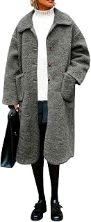Sherpa Fleece Jacket Women Long - Lapel Collar Button Down Winter Trench Coat Knee Length Wool Pea Coat