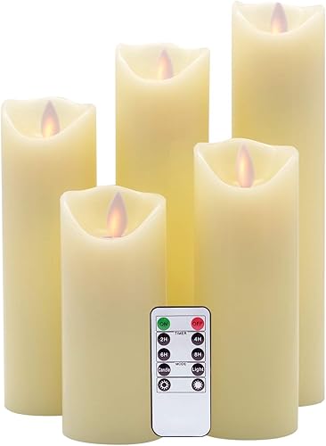 Eldnacele Juego de 5 velas LED parpadeantes sin llama con temporizador remoto, color blanco cálido, funciona con pilas, juego de 5 velas LED