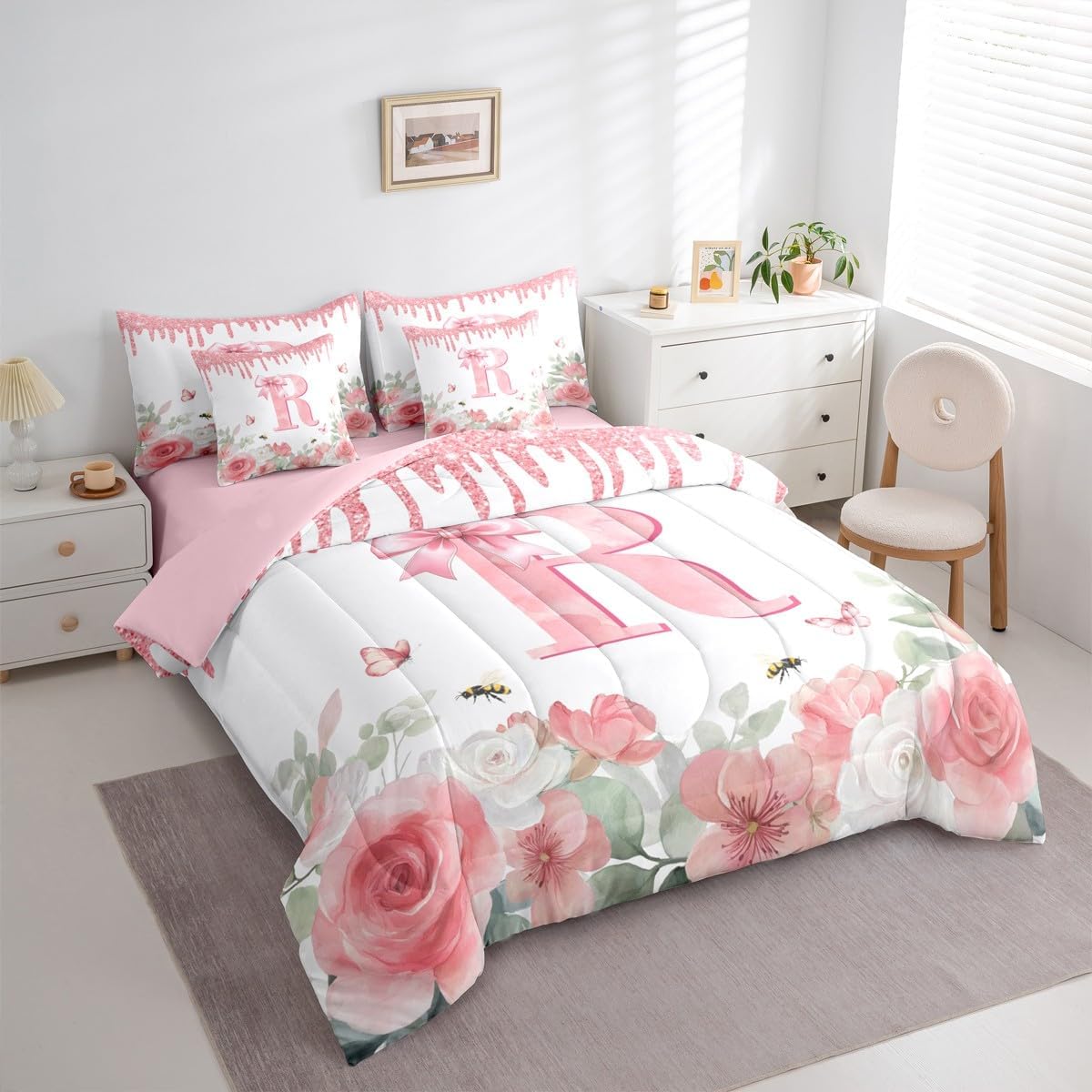 Erosebridal Initial Letter R Twin Bedding Set 7 Piece Kawaii Bow Bed in A Bag with Sheets Pink Rose Flower Comforter Set for Kids Adults,Monogrammed Bowknot Bed Sets