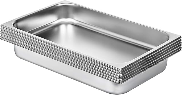 VEVOR 6 Pack Steam Table Pans 20.9 x 12.8 x 3.9 Inch Deep Steam Table Pan Full Size 13L Deep Food Container Stainless Steel Oven Tray Hotel Pans Anti-Jam Steam Table Food Pan
