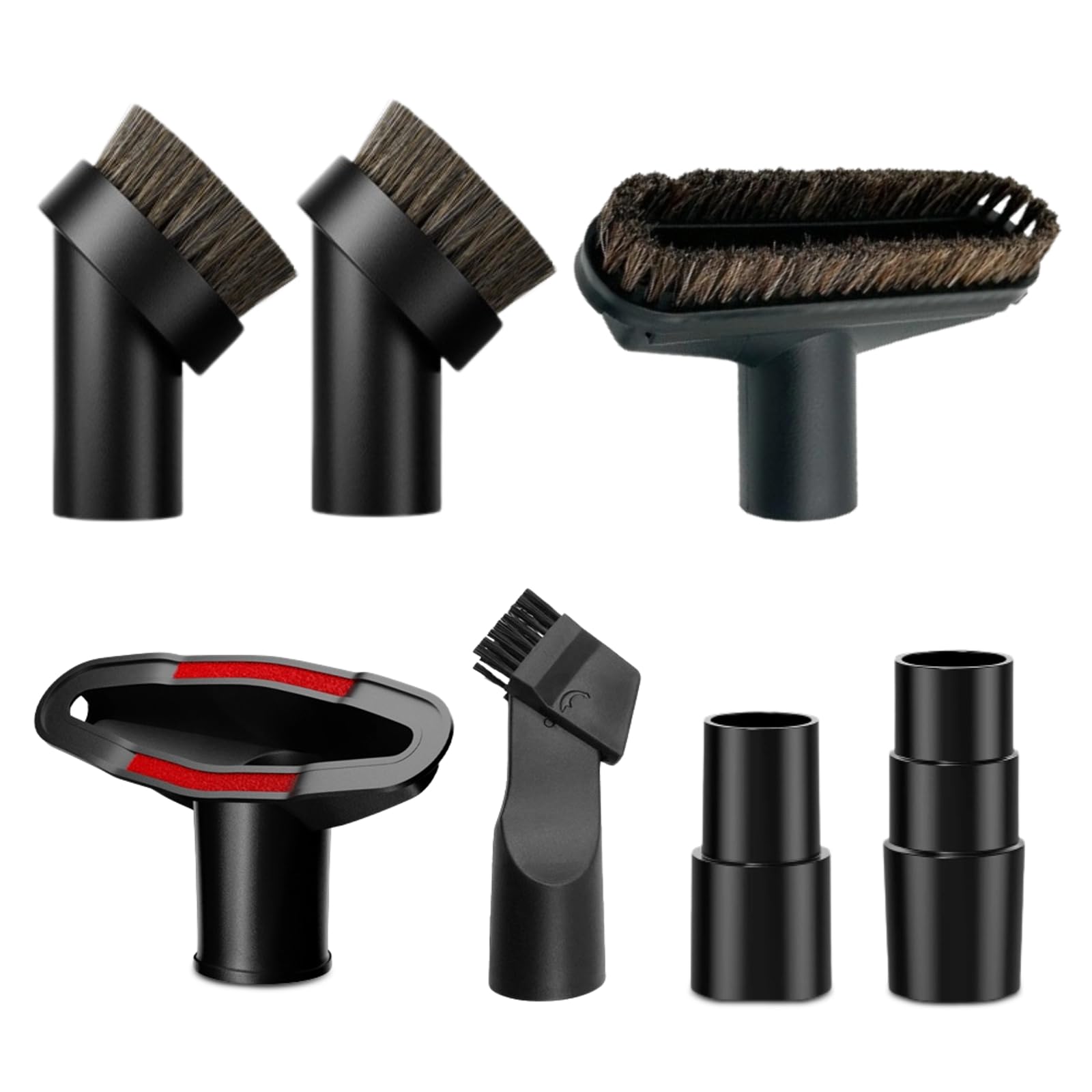7Pcs Vacuum Brush Attachment Horse Hair Vacuum Attachment & 1-1/4" Adapter Soft Horsehair Floor/Upholstery Tool, Multi-Surface Attachments for Wet/Dry Vacuums