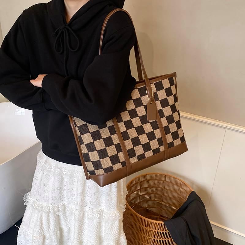 Checkered Tote Bag for Women Vintage Work Bag Fall Tote Handbag Checkered Shoulder Bag for College Work Travel - Image 4