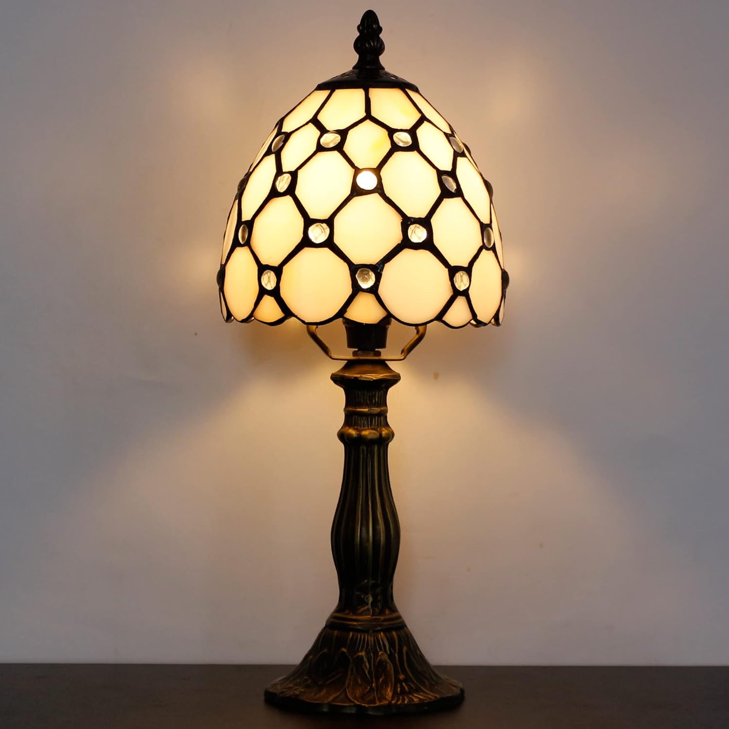 Small Tiffany Lamp Stained Glass Mini Accent Table Lamp Desk Memory Lamp Sympathy 6X14.6 Inch (Cream Pearl Bead Style)