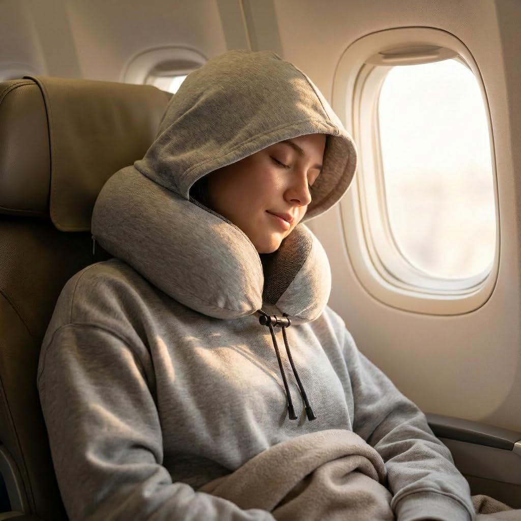 Portable Travel Neck Pillow with Hood and Storage Case, Memory Foam Airplane Pillow for Long Flights, Adjustable Chin Support & Removable Washable Cover for Car, Office, Train, Gift for Men and Women