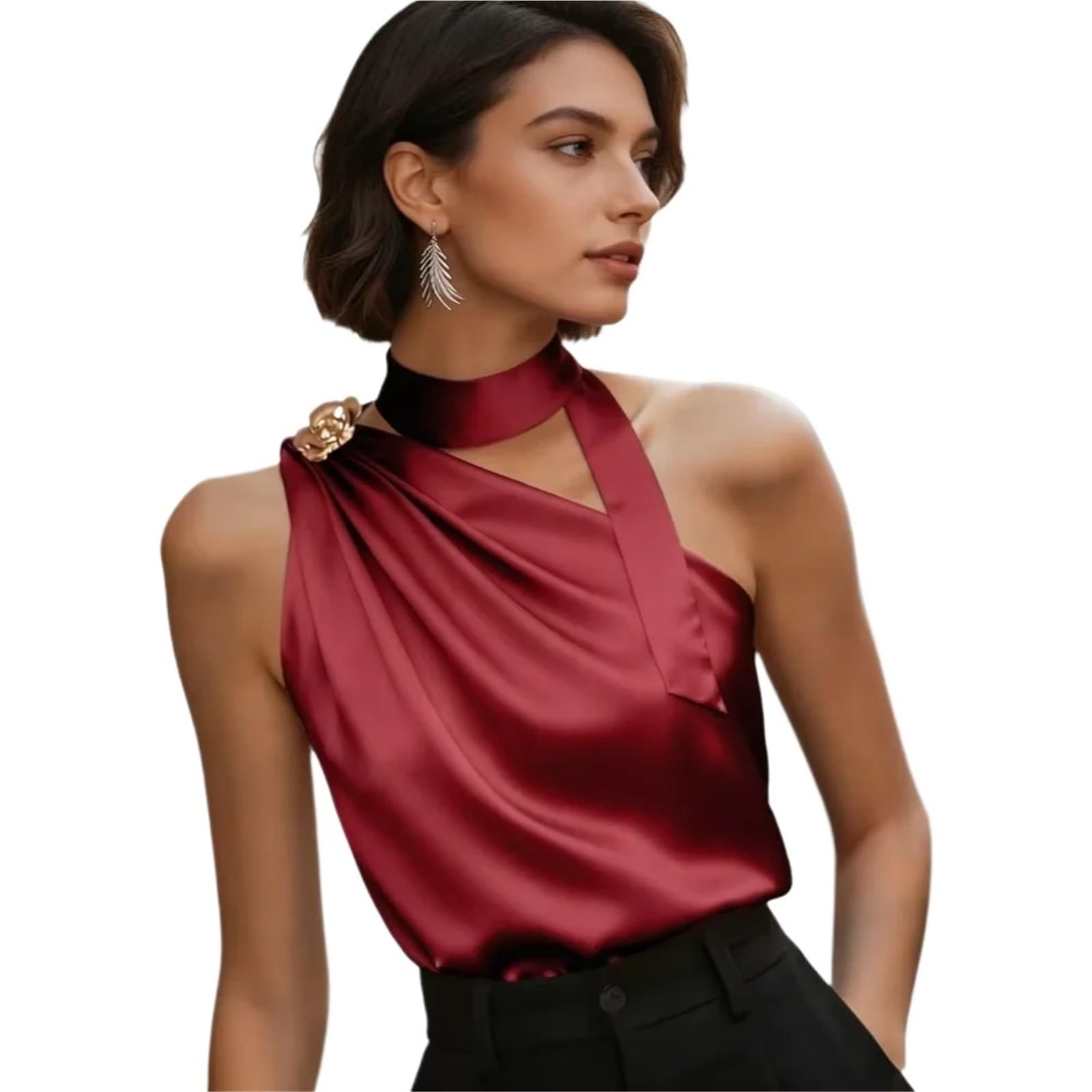 Blusa de Raso con un Hombro Halter Burdeos sin Mangas